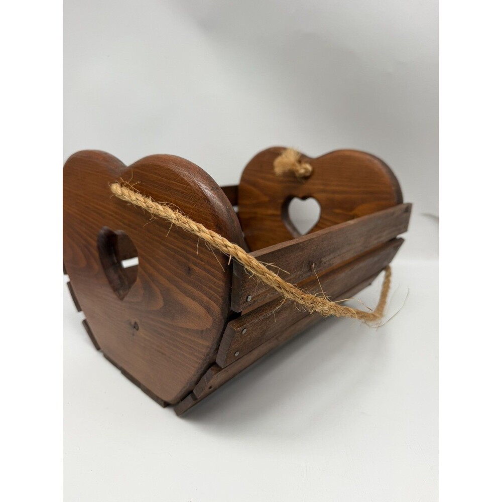Vintage Wooden Heart Basket Handmade Decor Storage Serving rope handle